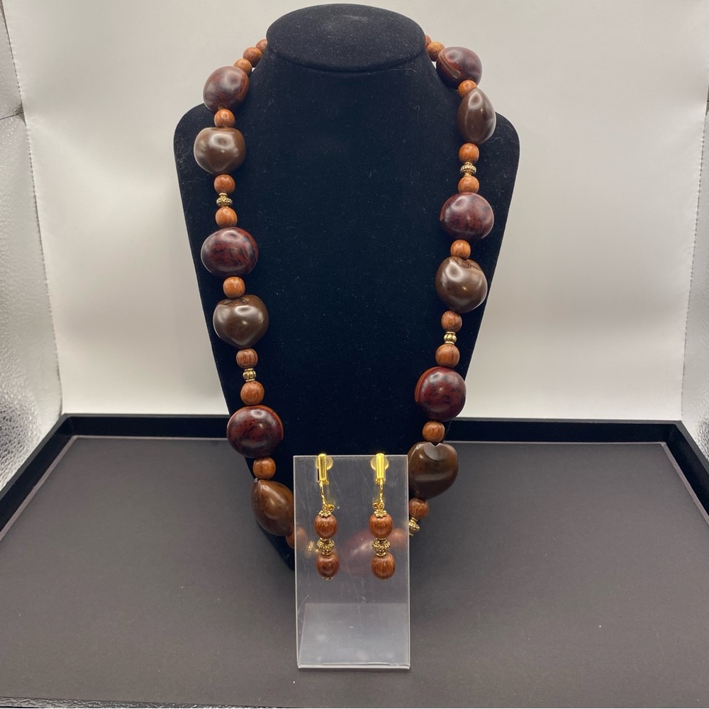 Handcrafted Brown Wood Bead Necklace and Clip On Dangle Earring Set